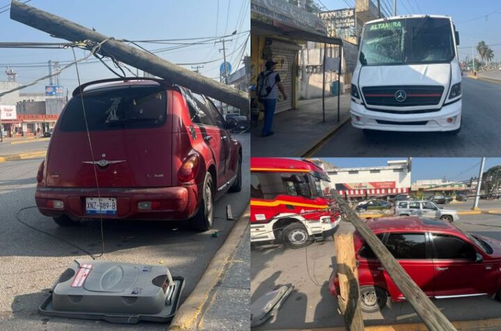 Caos en Altamira Autobus destroza poste y aplasta